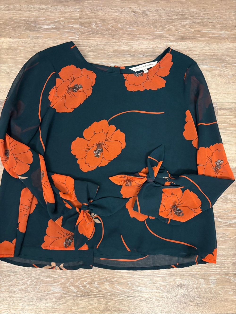 Cupcakes & Cashmere Dark Teal Floral Blouse with Orange Poppies